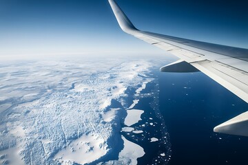 Aerial view of airplane wing over majestic ice and ocean landscape