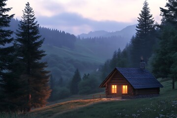 Serene Mountain Cabin at Dusk