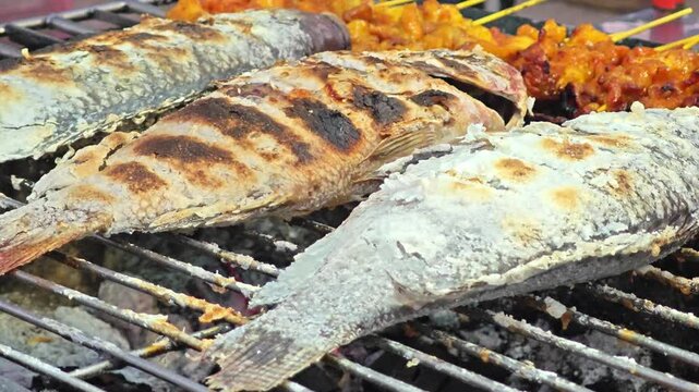 Grilled red tilapia on a charcoal grill
