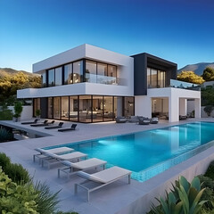 Fototapeta premium 3D Illustration Modern Luxury Home Architecture Pool, Sky, Design, Exterior, House, Home, Villa, Real Estate