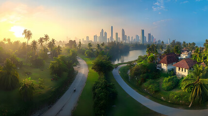 Fototapeta premium Photo Tropical Sunrise Cityscape with Lush Greenery