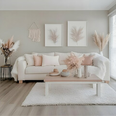 Photo - Cozy Living Room Decor, White Sofa, Pampas Grass Decor, Neutral Interior Design