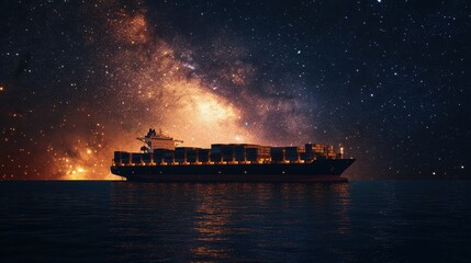 Nighttime view of a container ship under a galaxy of stars, highlighting cosmic-scale connectivity.