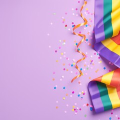 Fototapeta premium Colorful carnival party decoration with vibrant ribbons and confetti on a purple background
