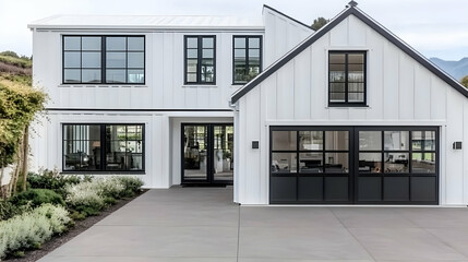 Photo Modern Farmhouse Exterior, White Siding, Black Trim, Windows, Door, Driveway, Landscaping