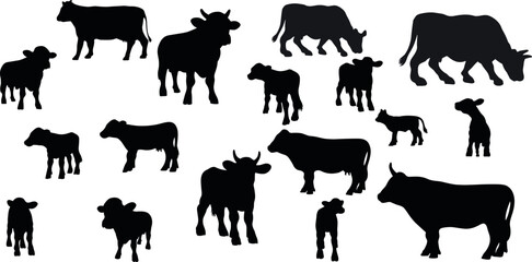 Cows Silhouettes In Different Poses Cow Grazing On Meadow