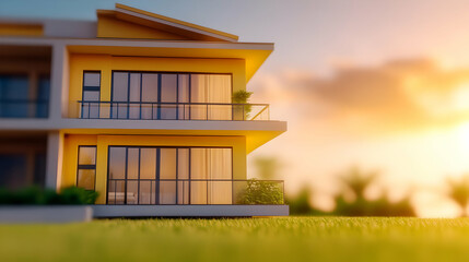 3D Illustration Modern Yellow House Sunset Grass Lawn Balcony Architecture Home Residence Building