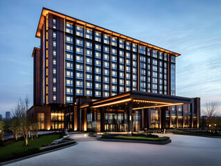 Obraz premium Modern Hotel Photo - Architecture, Dusk, Building, Cityscape, Travel, Business, Luxury, Design, Exterior, Entrance