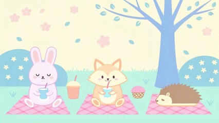 tropical summer animal clipart concept Cute animals enjoying a picnic in a pastel-colored park setting.
