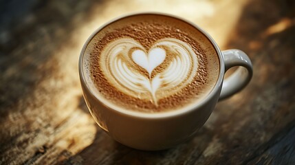 Coffee Cup with Heart Latte Art on Wooden Table Surface
