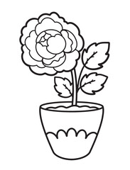 Cute flower coloring page, flower coloring page for kids, Easy flower coloring book illustration, Flower in a pot, peony, rose, leaves, vector, freehand linear drawing of a flower, indoor flower