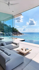 Fototapeta premium Photo: Coastal Luxury Living Room, Ocean View, Infinity Pool