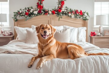 Obraz premium Golden Retriever dog on bed in Christmas decorated bedroom.