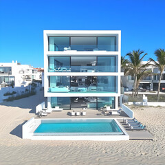 Photo Modern White Beach House Architecture, Pool, Luxury, Vacation, Travel, Design, Ocean, Summer, Sky, Palm Trees