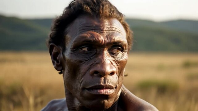 hyper realistic recreation of a Homo Erectus man in the Savannah