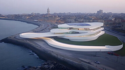 Obraz premium Photo Modern Architecture Coastal Cityscape Dusk