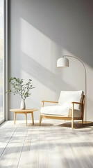 Fototapeta premium 3D Illustration Minimalist Interior Design Room Chair Plant Lamp Table Wood Floor