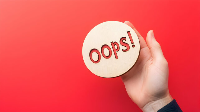 Creative Wooden Sign Displaying Oops Message Held in Hand Against a Bright Red Background with Emphasis on Humor and Casual Error Notification