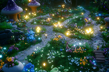 Isometric View Battle Map Forest Trail with Glowing Flowers Mushrooms and Stone Paths in Digital Illustration Style
