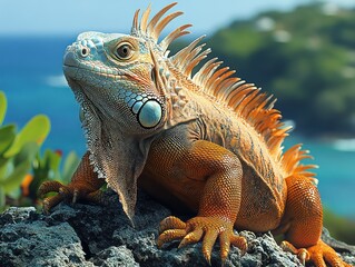 Obraz premium Iguana basking, coastal rock, Caribbean island, ocean view, wildlife
