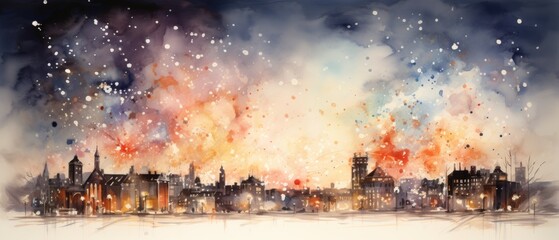 New Year Celebration Watercolor Skyline with Stars and Colors