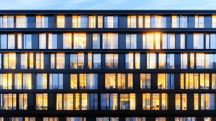 3D Illustration Modern Office Building at Dusk Architecture