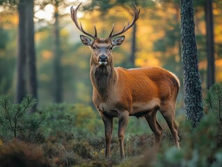Fototapeta premium Majestic Red Deer Stag in Autumn Forest