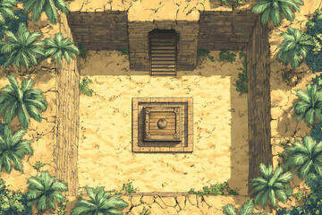 Top Down View of a Sandstone Dungeon Battlemap with Square Structure and Palm Trees