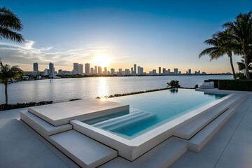 Fototapeta premium Photo Modern Infinity Pool Sunset Cityscape Palm Trees Luxury Waterfront