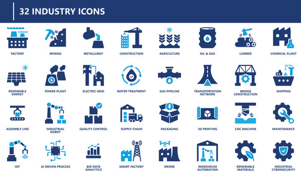 Industry icons collection featuring factory, mining, renewable energy, automation, supply chain, AI-driven processes, power plant, construction, and cybersecurity.