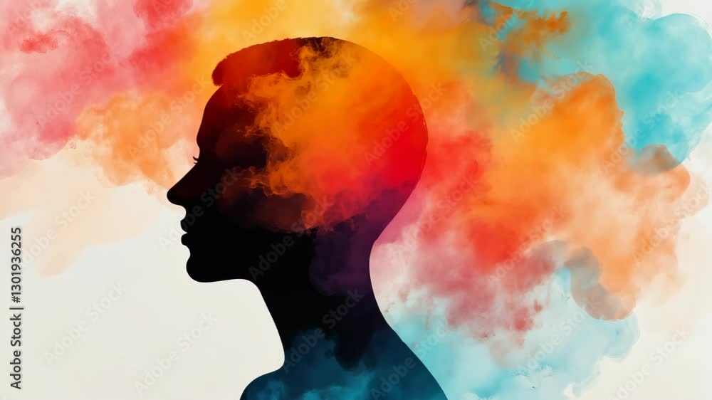 Poster silhouette of a person with colorful abstract clouds blending into their head on a soft light backgr