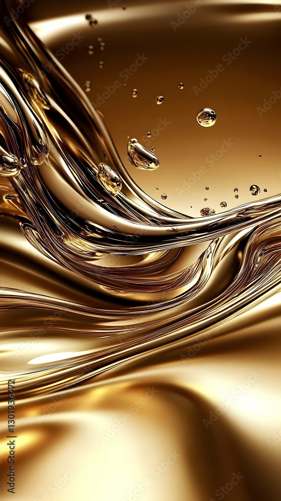 Poster abstract background - liquid gold flowing with bubbles 3d render