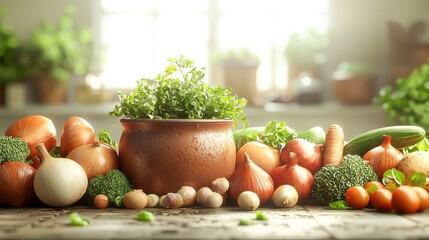 Cooking Stew: Onion and Organic Vegetables Around an Empty Pot on the Old Kitchen Table