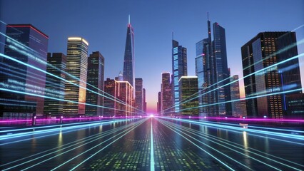 Obraz premium A high-tech digital city skyline made of glowing neon data streams.