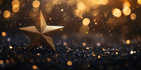 Golden star on sparkling glitter background.