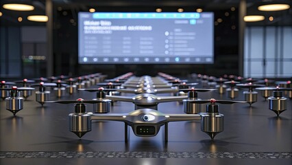 A sleek, futuristic drone network powered by an AI-driven control system.