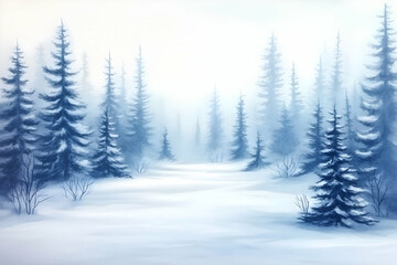 Fototapeta premium Illustration Winter Wonderland Snowy Forest Trees Scenic