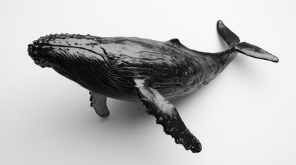 A captivating black-and-white metal sculpture of a humpback whale with a rugged texture, elegantly arched to its left, showcasing intricate details in shadowed light