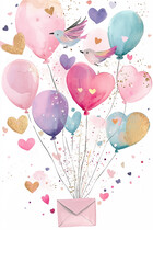 A watercolor illustration with pastel balloons and whimsical birds. Cute Design for postcard on white design