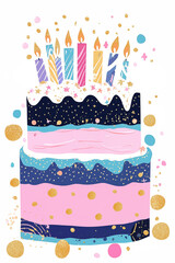 A vibrant and playful illustration of a birthday cake with colorful candles, abstract decorations, and festive splashes of gold. The bright greeting card isolated on white background