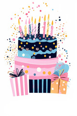 A vibrant and playful illustration of a birthday cake and gift box with colorful candles, abstract decorations, and festive splashes of gold. The bright greeting card isolated on white background