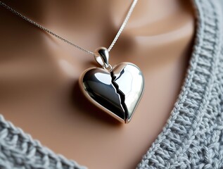 Elegant close-up of a silver broken heart pendant necklace on a woman's neck, symbolizing love, heartbreak, and emotional connection with a stylish and sentimental jewelry design

