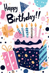 A vibrant and playful illustration of a birthday cake with colorful candles, abstract decorations, and festive splashes of gold. The bright greeting card isolated on white background