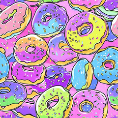 Vector seamless pattern with colorful donuts with rainbow background. Bright background for print on a fabric, wrapping, wallpapper