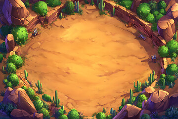Pixelated Desert Battle Map with Sand Terrain and Surrounding Rocks and Cacti with a Topdown View and Warm Lighting