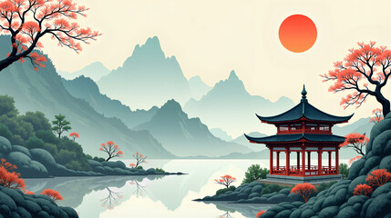 Obraz premium Guochao-Style Serene Mountain Pavilion