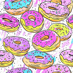 Vector seamless pattern with colorful donuts with white background. Bright background for print on a fabric, wrapping, wallpapper