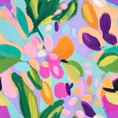 A hand-painted floral illustration of flowers and lush leaves in bold, expressive brushstrokes. The bright seamless pettrn