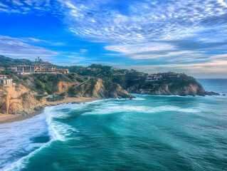 Obraz premium Photo - Coastal Cliffs, Ocean Waves, Blue Sky, Clouds, Beach, Houses, Nature, Landscape, Scenic, Travel