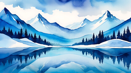 Watercolor Mountain Lake Landscape with Reflections of Snow Covered Peaks